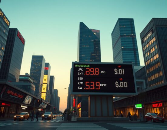 Asian FX market analysis showing currency fluctuations driven by geopolitical tensions in financial district