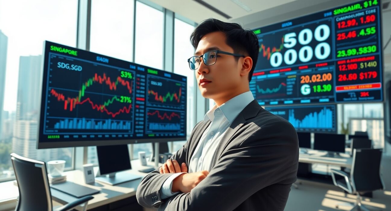 Financial analyst examining Singapore dollar and Asian currency charts in Singapore office setting