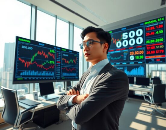 Financial analyst examining Singapore dollar and Asian currency charts in Singapore office setting