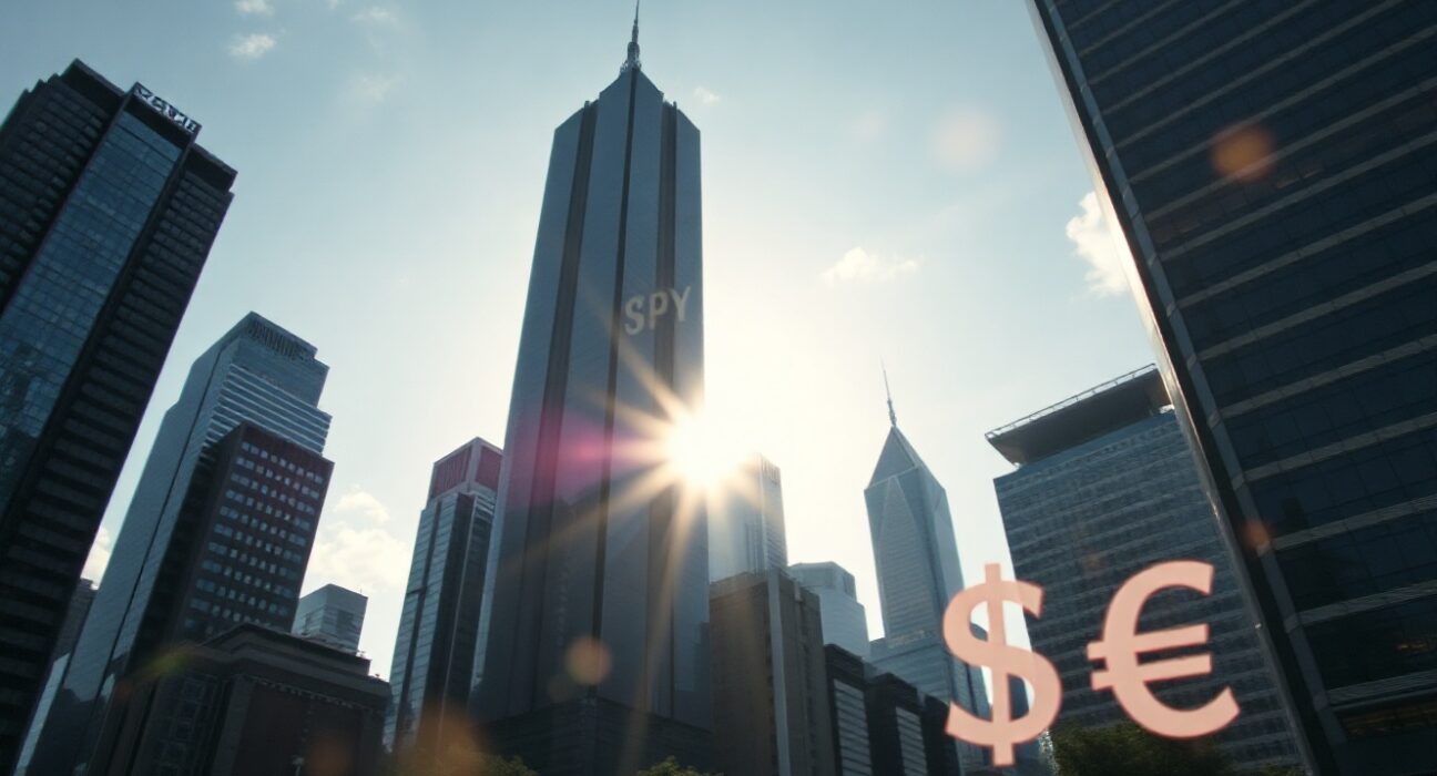 Asian financial district skyline at sunrise with digital currency symbols overlay