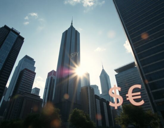 Asian financial district skyline at sunrise with digital currency symbols overlay
