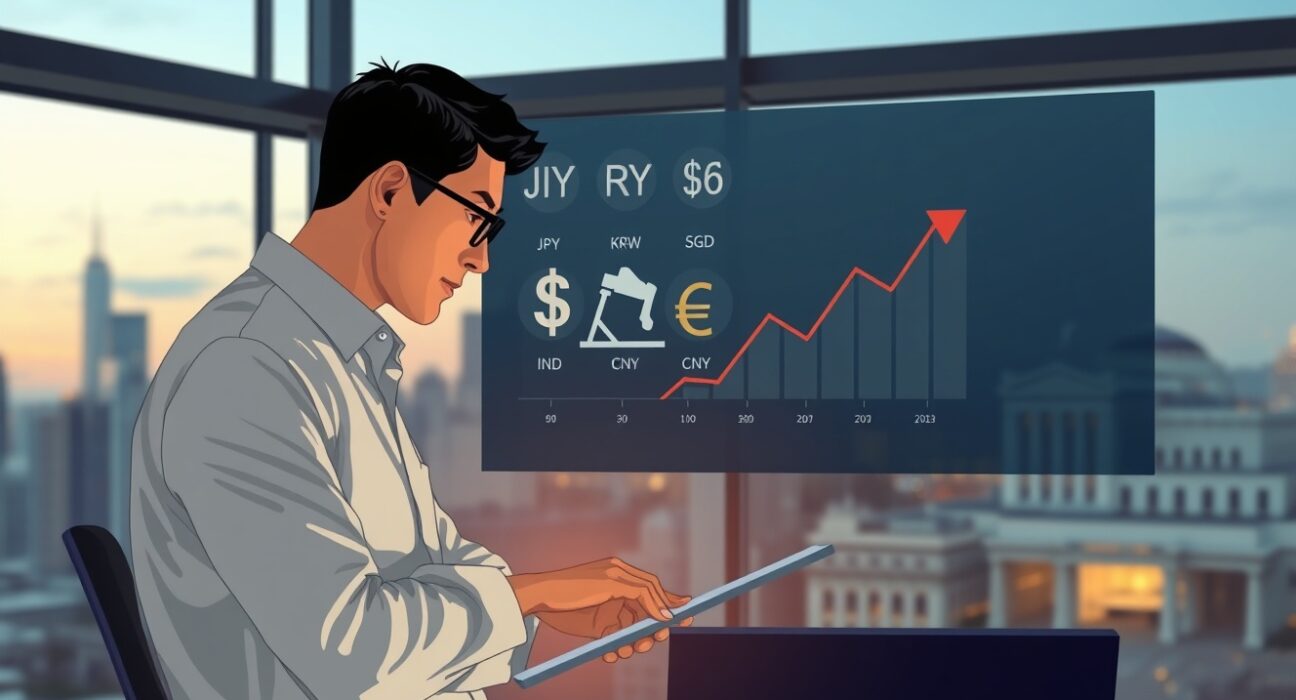 Asian FX currencies under pressure from oil shock and Fed stance, OCBC analysis chart displayed on screen