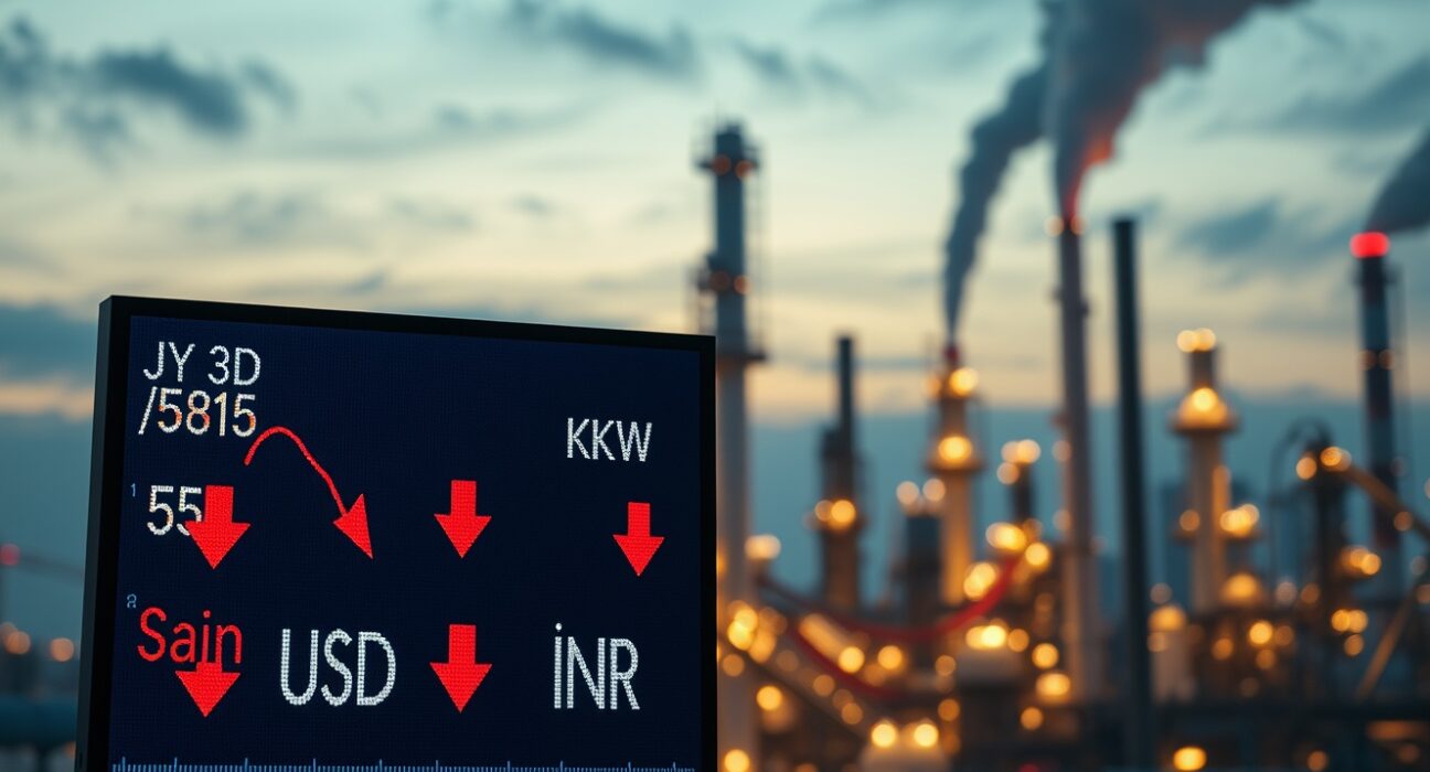 Digital trading board showing Asian currency pairs with red downward arrows against a backdrop of an oil refinery at dusk.