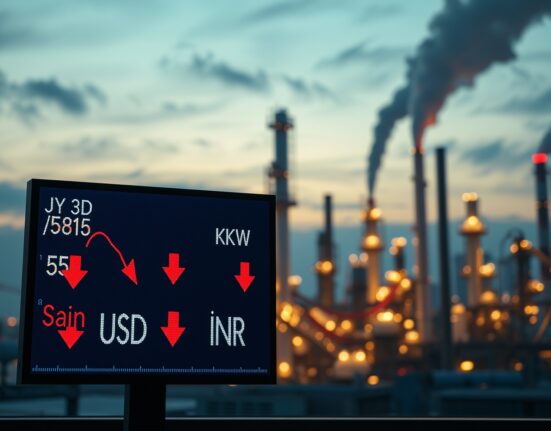 Digital trading board showing Asian currency pairs with red downward arrows against a backdrop of an oil refinery at dusk.