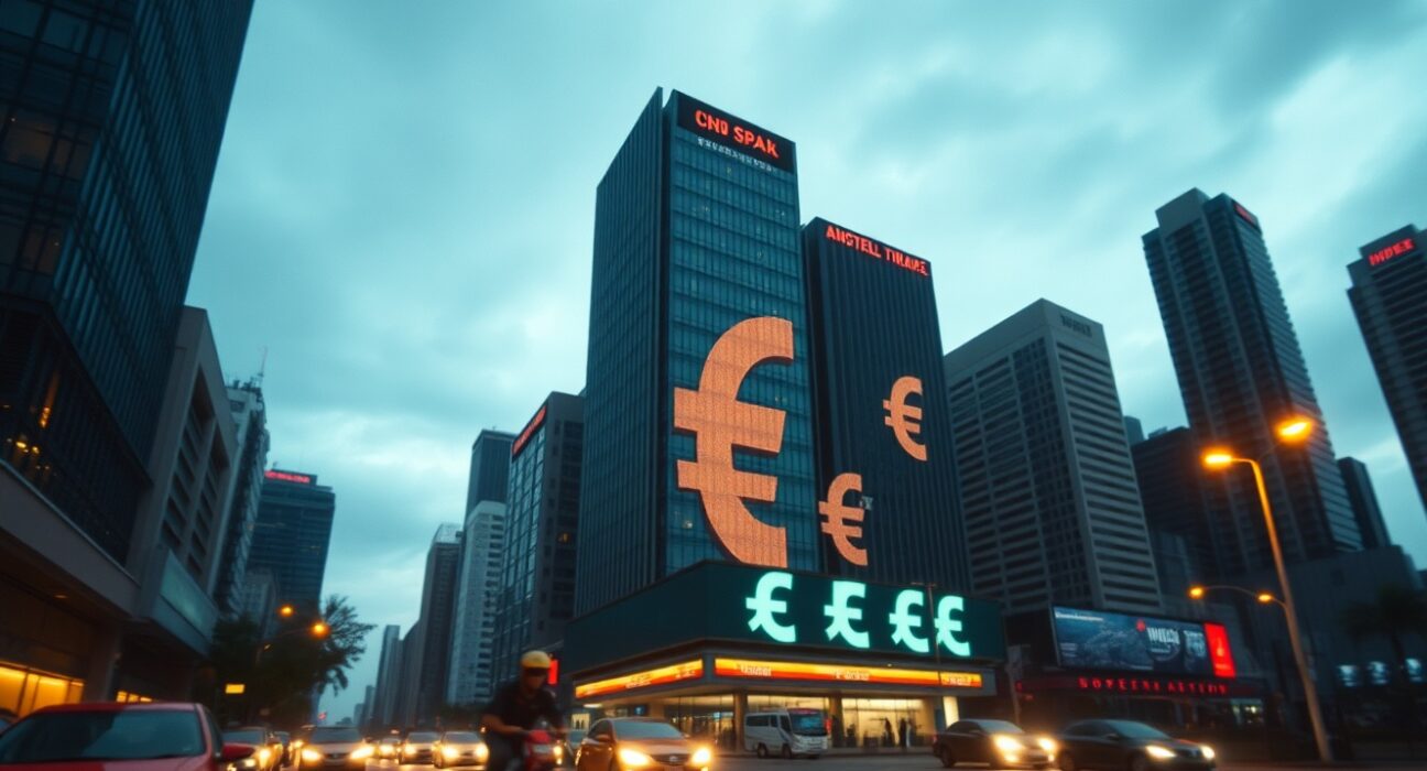 Asian financial district skyline at dusk with IDR, PHP, and INR currency symbols on a board