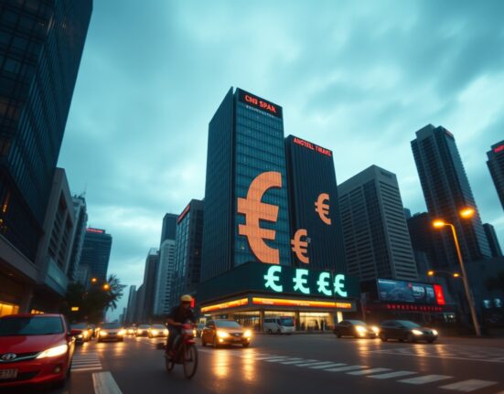 Asian financial district skyline at dusk with IDR, PHP, and INR currency symbols on a board