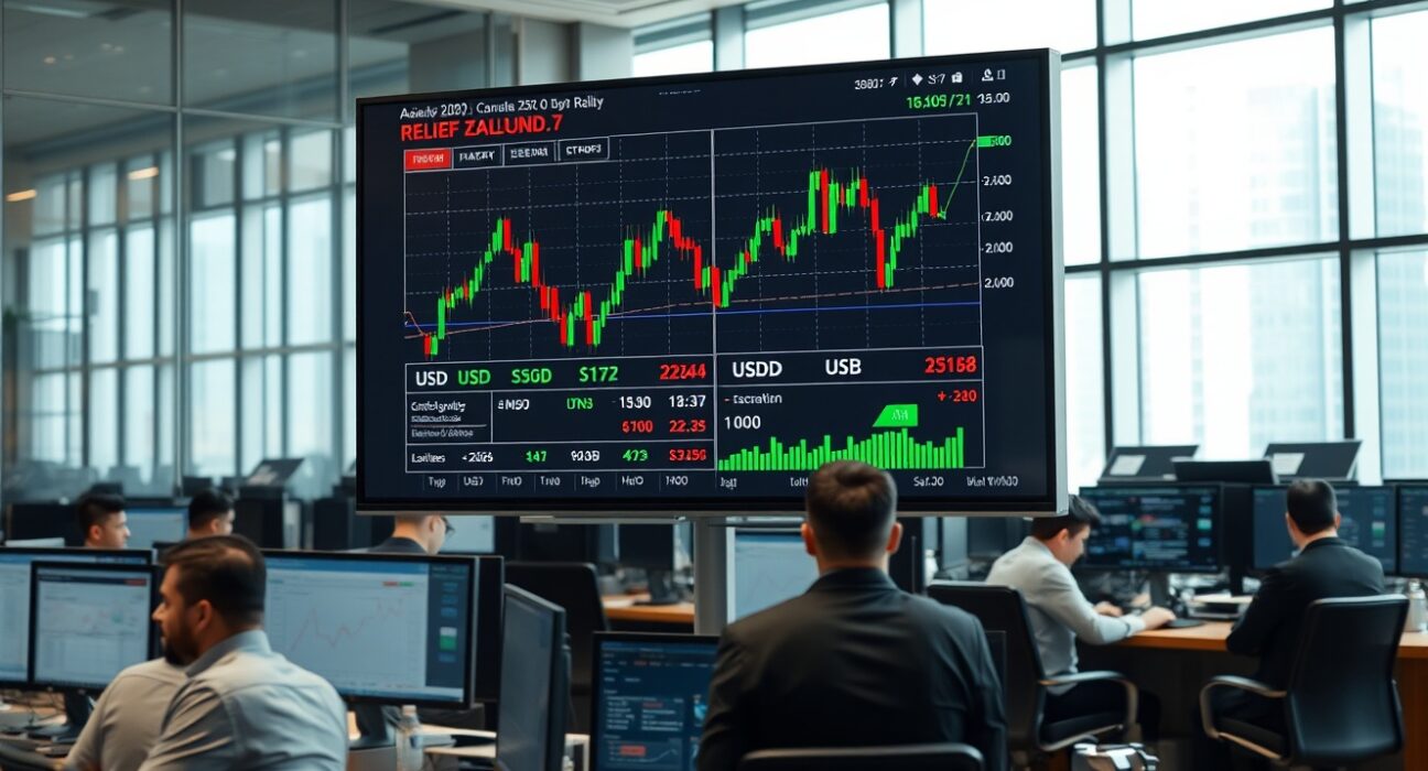 Digital screen showing Asian currency charts and forex data on a trading floor in Singapore