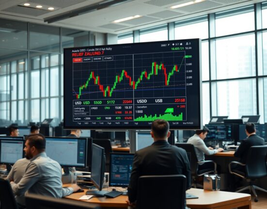 Digital screen showing Asian currency charts and forex data on a trading floor in Singapore