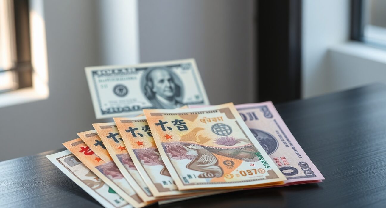 Asian currency banknotes arranged on a desk with a blurred US dollar in the background