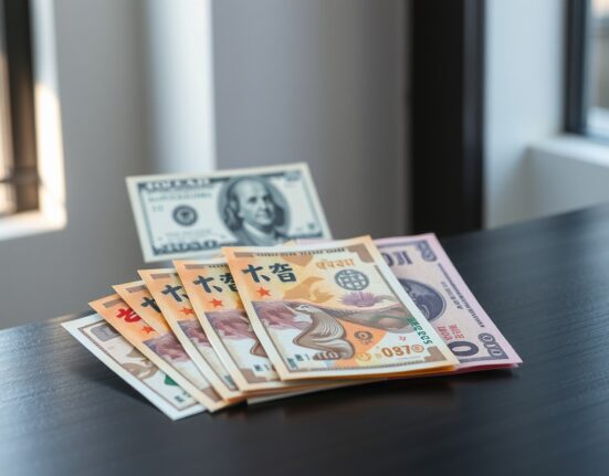 Asian currency banknotes arranged on a desk with a blurred US dollar in the background