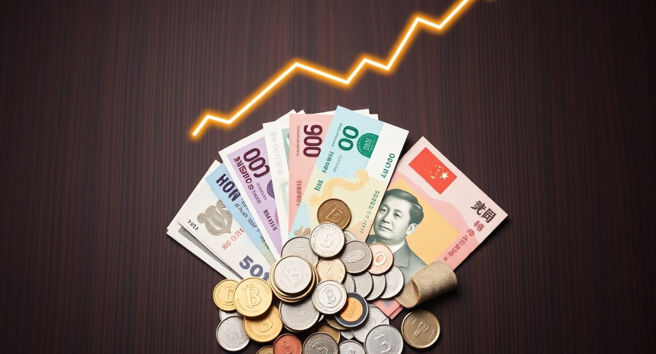 Asian currency notes and coins arranged on a dark surface with a glowing upward trend line.