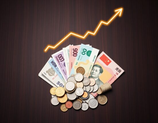 Asian currency notes and coins arranged on a dark surface with a glowing upward trend line.