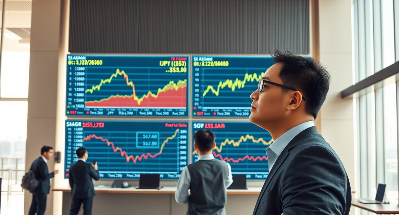 Financial analyst examining Asian currency charts showing trade surplus trends without corresponding currency appreciation.