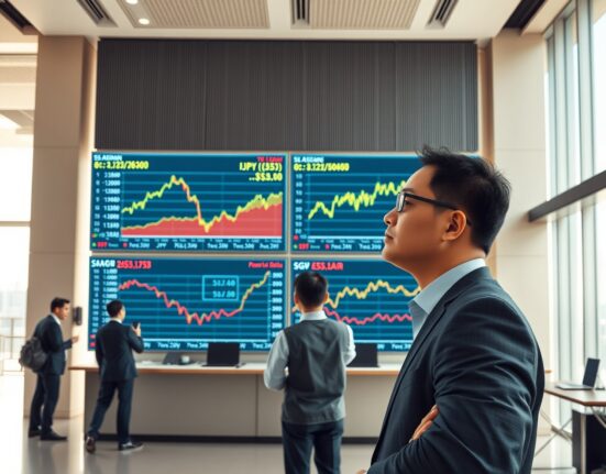 Financial analyst examining Asian currency charts showing trade surplus trends without corresponding currency appreciation.