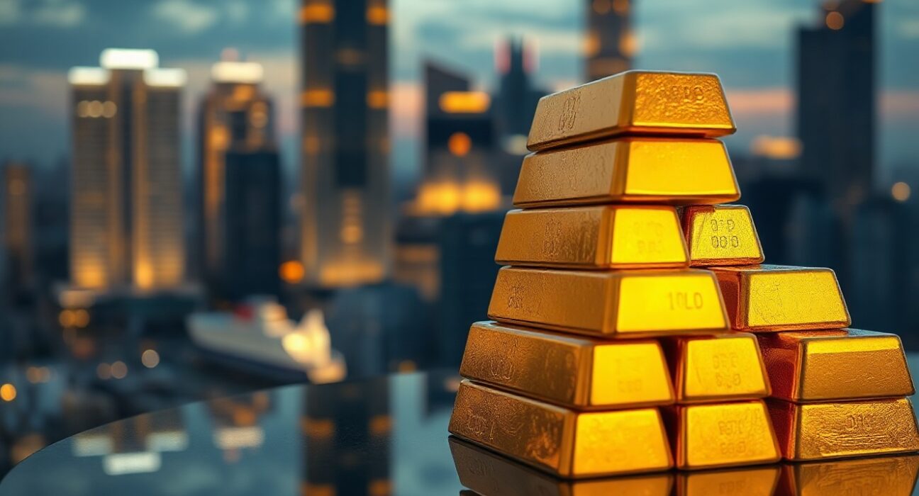 Stacked gold bars with an Asian financial district in the background