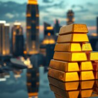 Stacked gold bars with an Asian financial district in the background