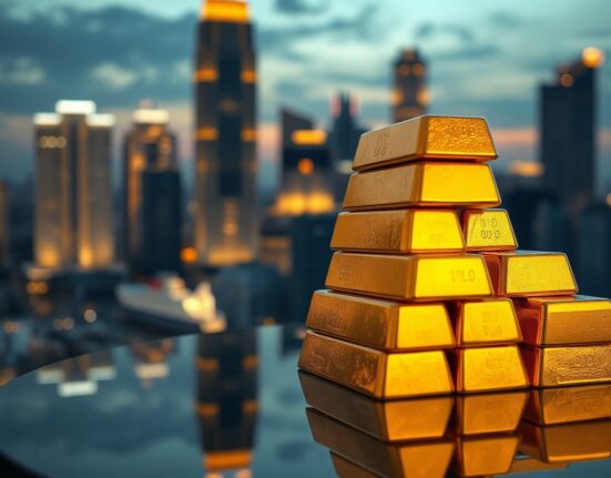 Stacked gold bars with an Asian financial district in the background