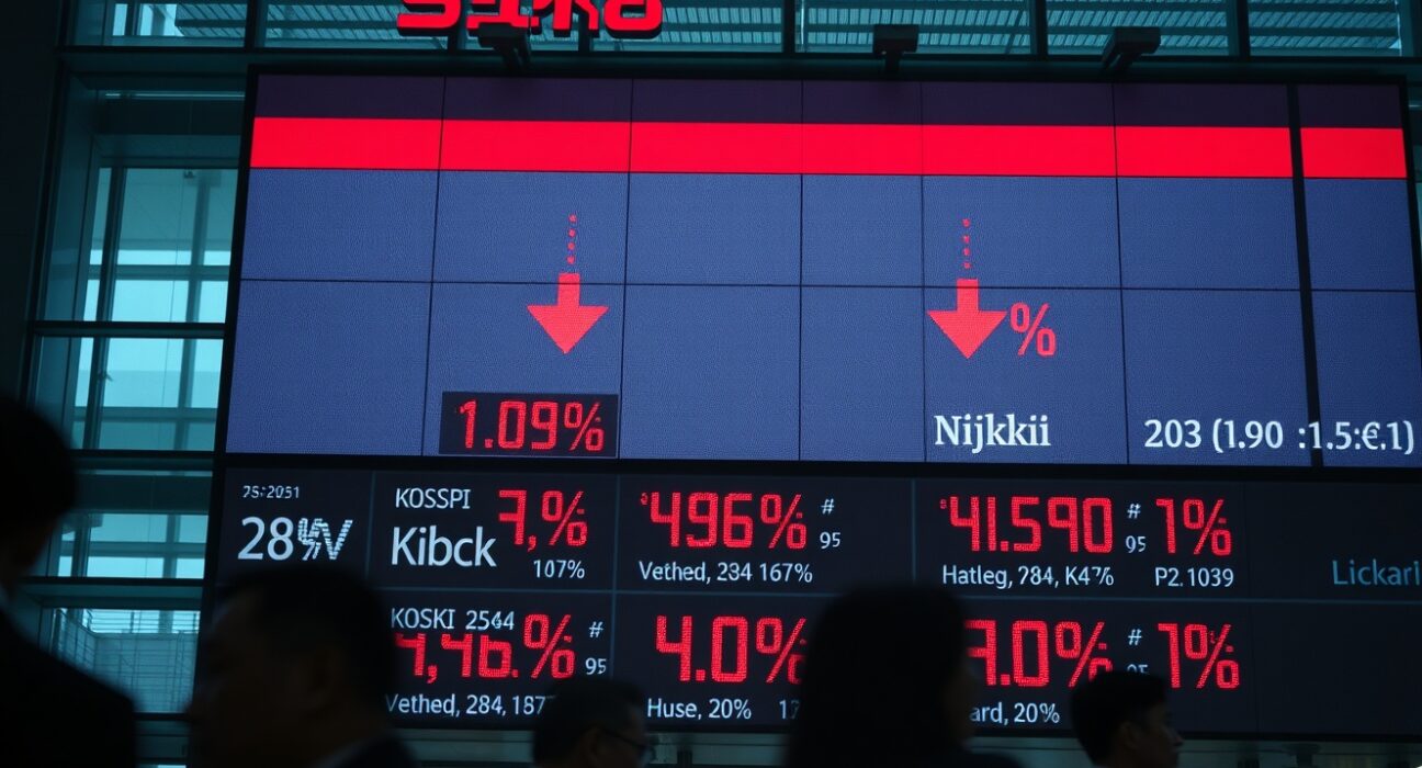 Stock market board showing declining Asian indices, including KOSPI, with red arrows.