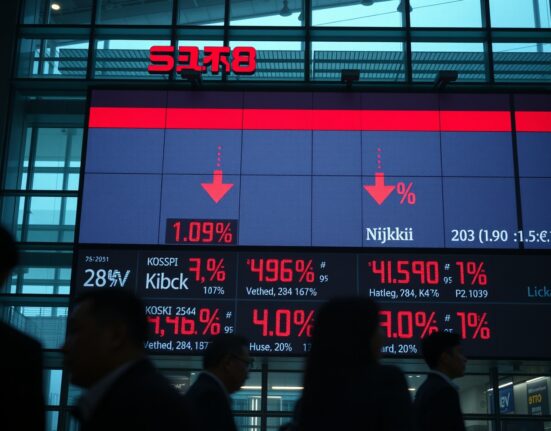 Stock market board showing declining Asian indices, including KOSPI, with red arrows.