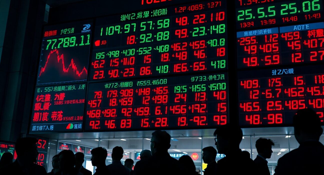 Asian stock market board showing mixed numbers with traders on a floor, reflecting cautious investor sentiment amid geopolitical tensions.