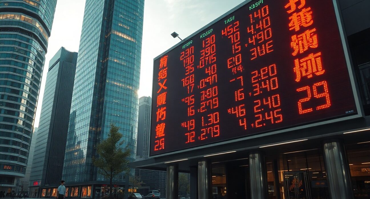 Electronic stock board showing mixed Asian market indices including KOSPI in a financial district at dusk