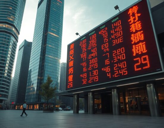 Electronic stock board showing mixed Asian market indices including KOSPI in a financial district at dusk