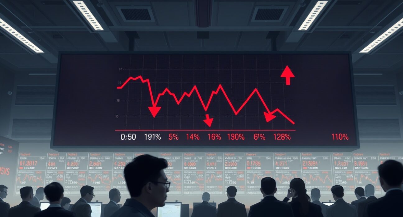 Stock market display showing red downward trend and negative numbers on Asian trading floor