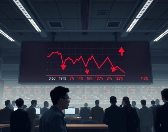 Stock market display showing red downward trend and negative numbers on Asian trading floor