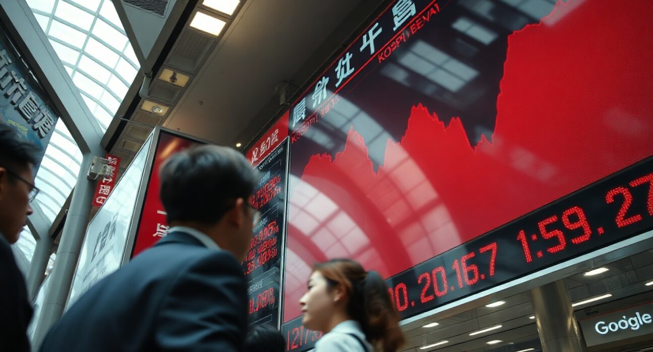 Red digital stock market board showing plunging Asian indices including KOSPI in a financial district