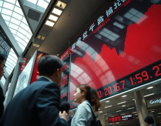 Red digital stock market board showing plunging Asian indices including KOSPI in a financial district