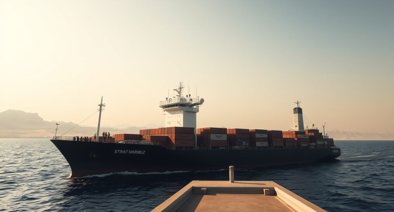 Container ship navigating the tense Strait of Hormuz during geopolitical crisis affecting Asian markets