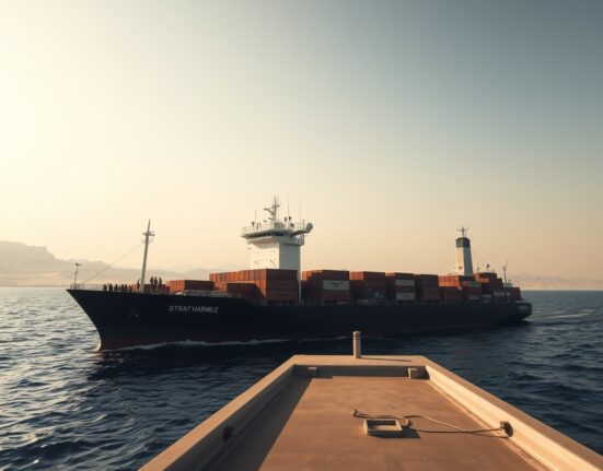 Container ship navigating the tense Strait of Hormuz during geopolitical crisis affecting Asian markets