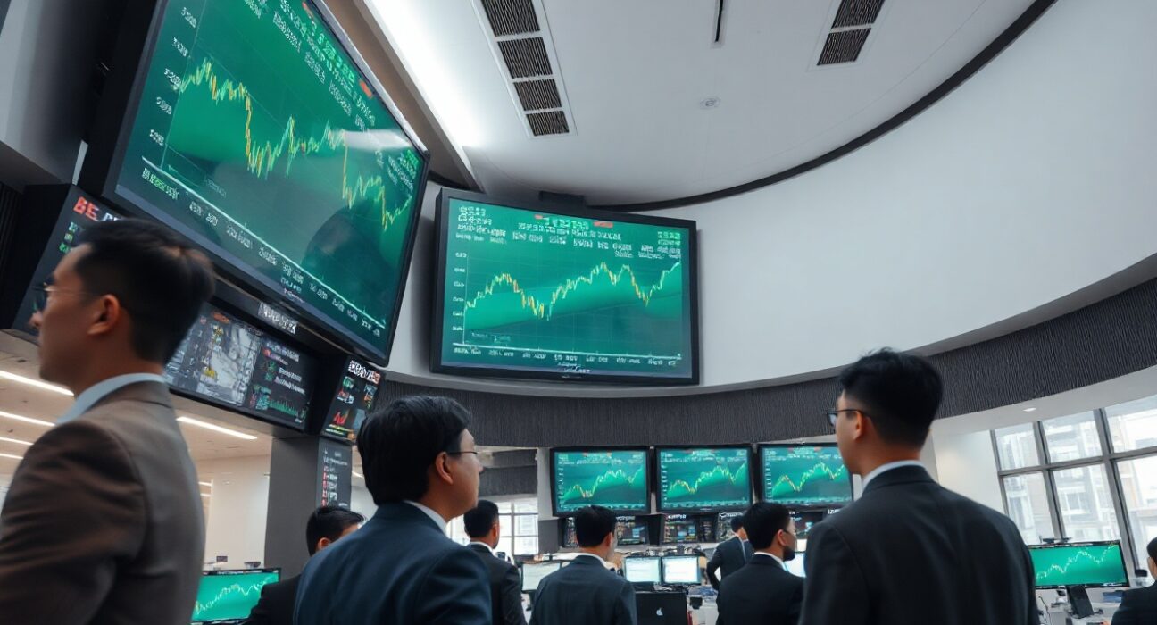Asian stock exchange trading floor with green screens showing market rally