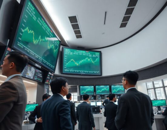 Asian stock exchange trading floor with green screens showing market rally