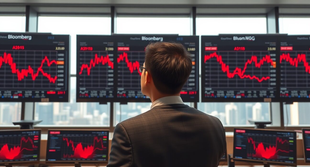 Trader monitors falling Hang Seng Index amid Asian market volatility following Trump ceasefire developments.