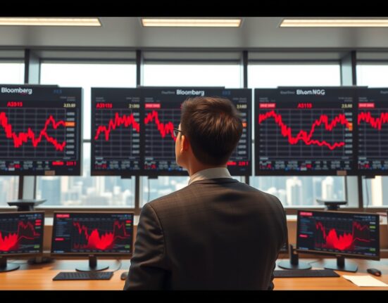 Trader monitors falling Hang Seng Index amid Asian market volatility following Trump ceasefire developments.