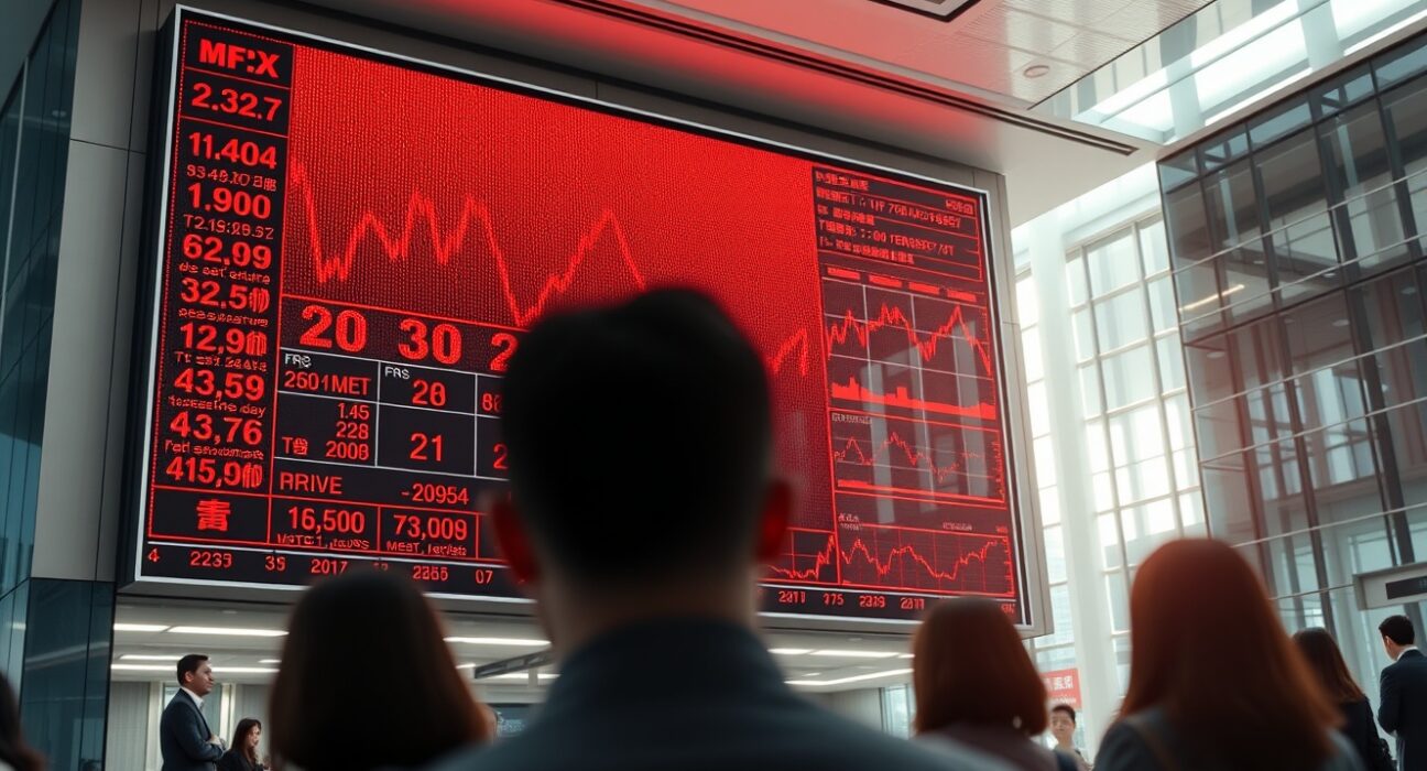 Stock market display board showing red numbers in an Asian financial district