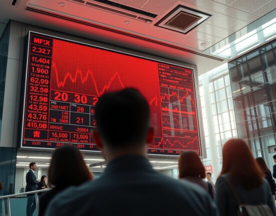 Stock market display board showing red numbers in an Asian financial district