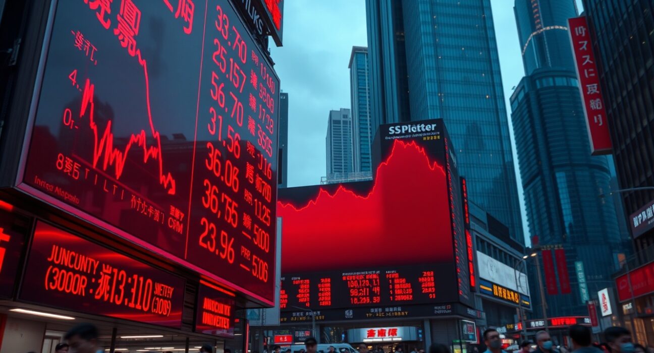 Stock market board showing red declining numbers in an Asian financial district at dusk