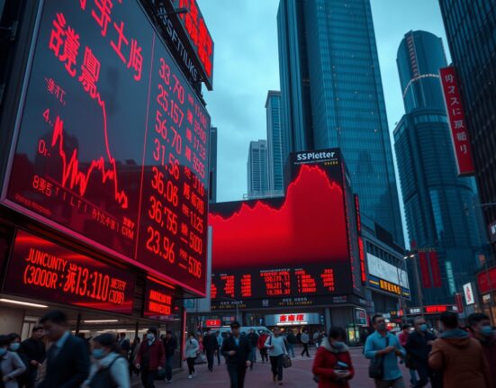 Stock market board showing red declining numbers in an Asian financial district at dusk