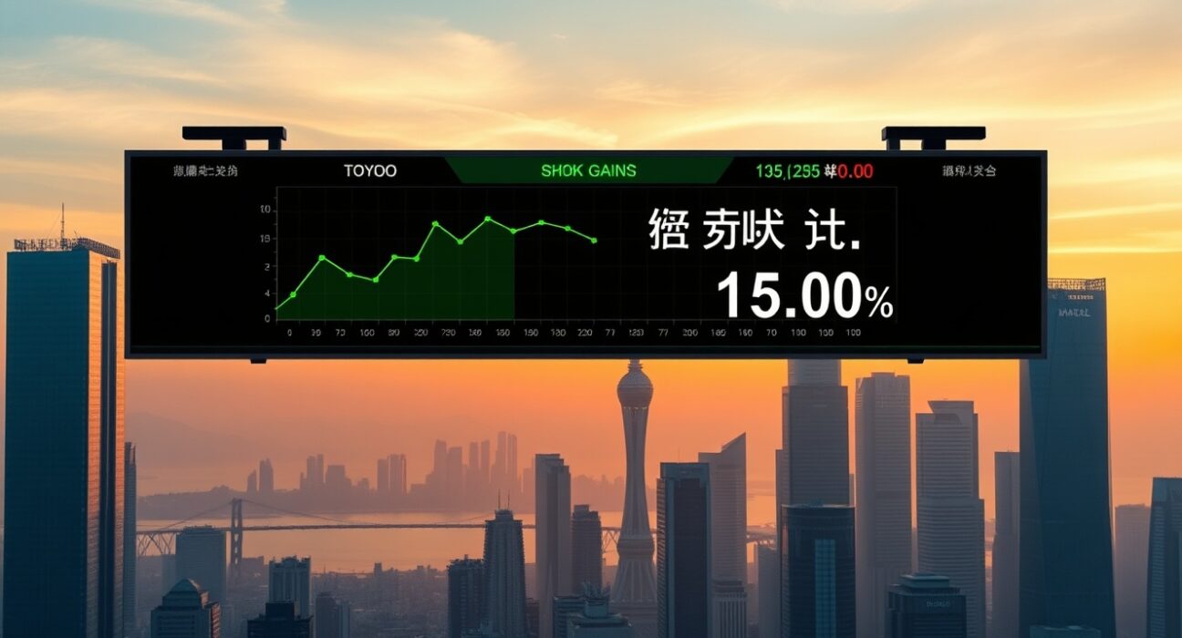 Asian shares gain on Labor Day as stock market display shows green trends across regional cities