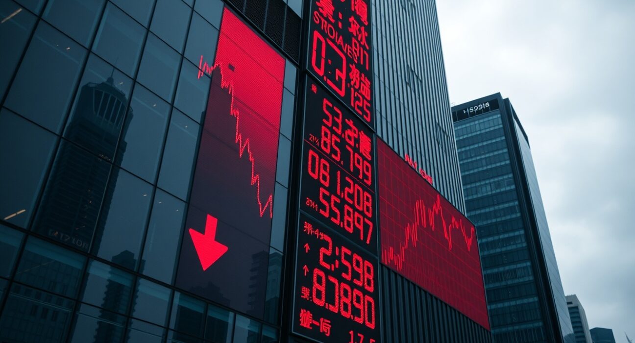 Asian stock market display board showing red declining numbers in a financial district at dusk