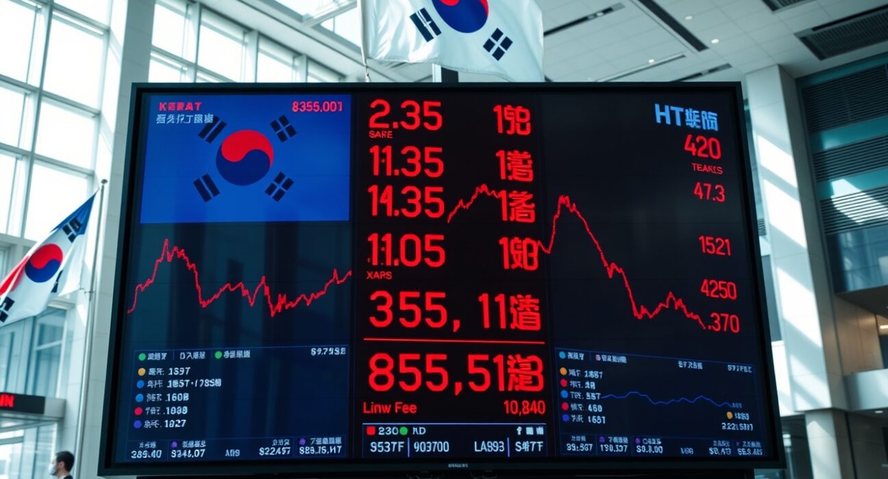 Digital stock display board showing red downward trends in an Asian financial district