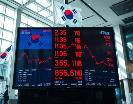Digital stock display board showing red downward trends in an Asian financial district
