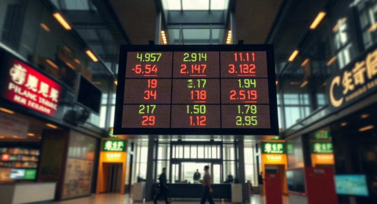 Asian stock market board showing red and green numbers amid geopolitical uncertainty