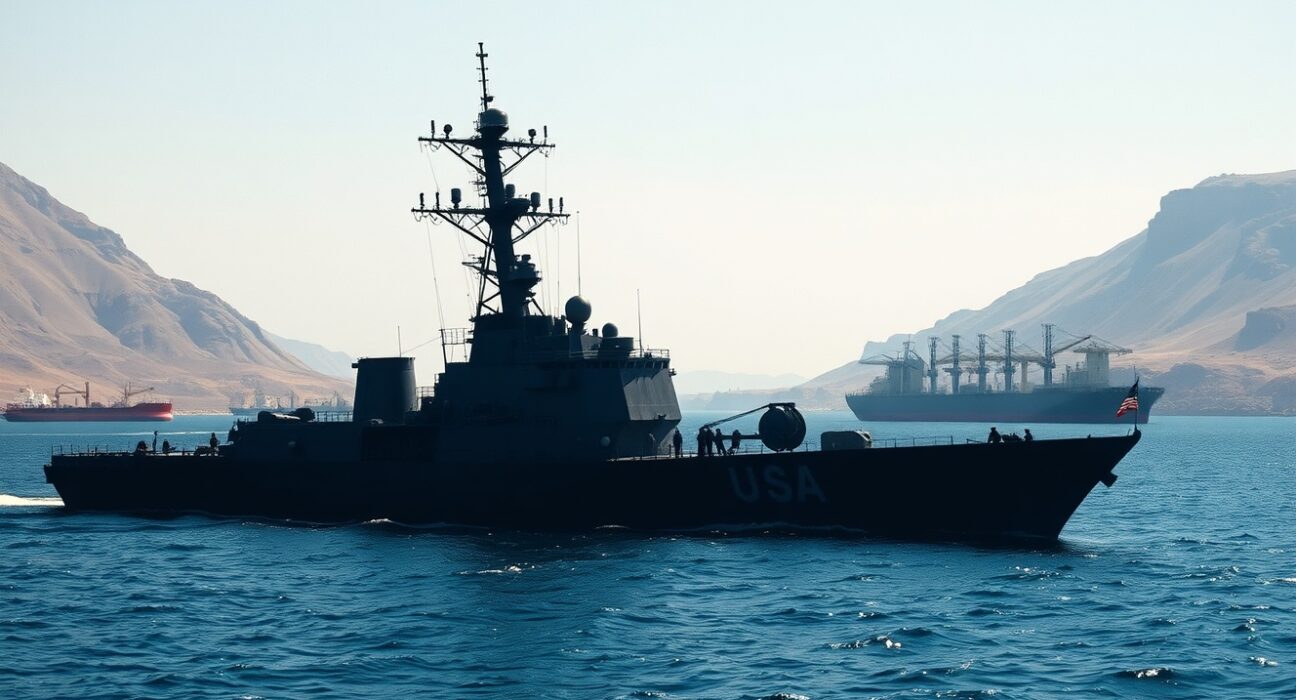 US Navy ship at Strait of Hormuz during closure affecting Asian stock markets