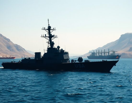 US Navy ship at Strait of Hormuz during closure affecting Asian stock markets