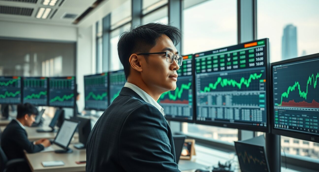 Professional analyst monitoring rising Asian stock market indices on trading desk screens.