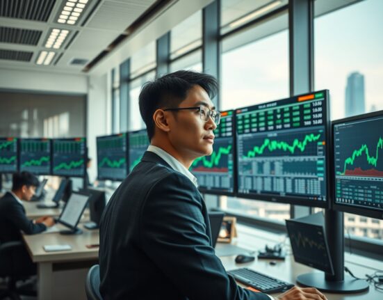 Professional analyst monitoring rising Asian stock market indices on trading desk screens.