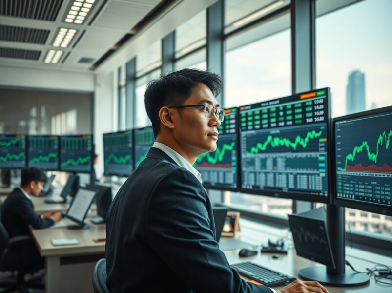 Professional analyst monitoring rising Asian stock market indices on trading desk screens.